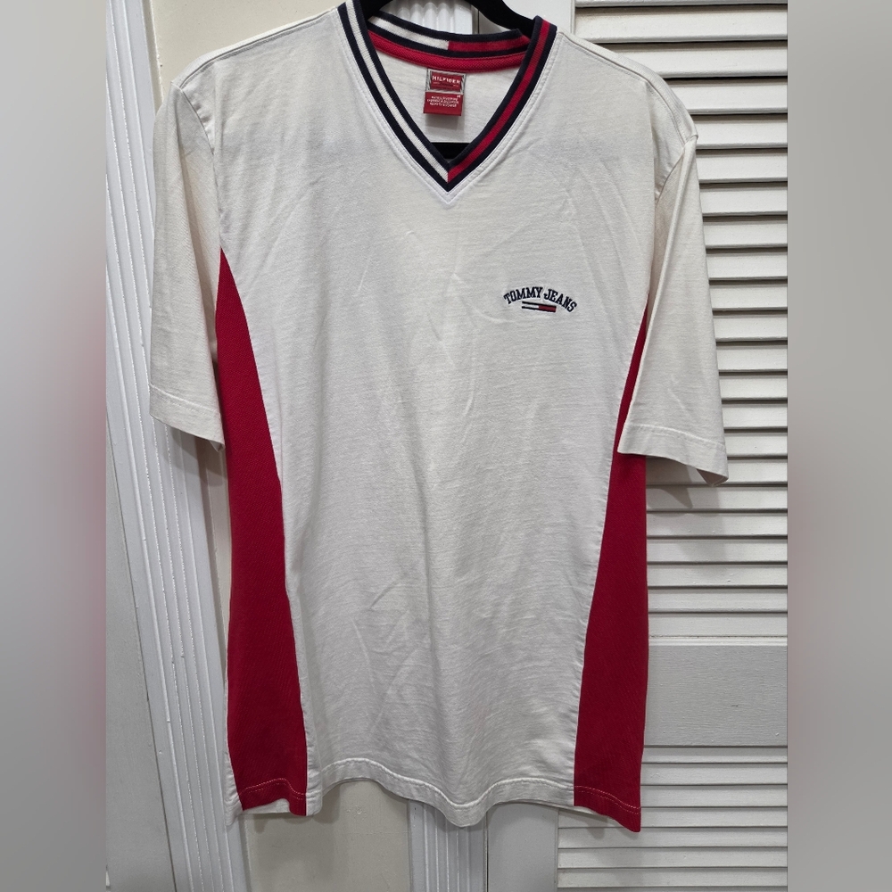 Vintage Tommy Hilfiger White V-Neck Shirt Mens Size M